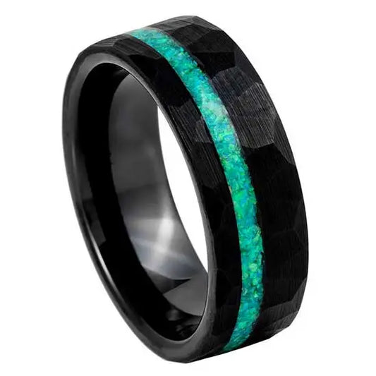 8mm Tungsten Ring – Black Finish with Textured Pattern & Green Opal Inlay