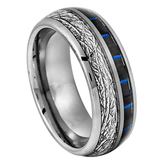8mm Tungsten Ring – Polished Finish with Meteorite-Style and Blue Carbon Fibre Inlay