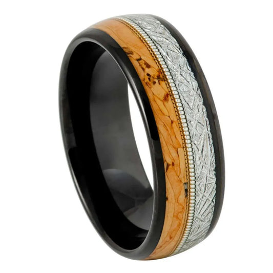 8mm Tungsten Ring – Polished Black Finish with Cork, Meteorite & Guitar String Centre Inlay
