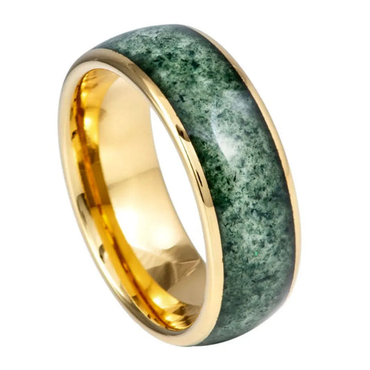 8mm Tungsten Ring – Yellow Finish with Moss Agate Inlay