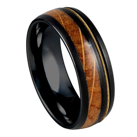 8mm Tungsten Ring – Black Finish with Whiskey Barrel & Guitar String Inlay