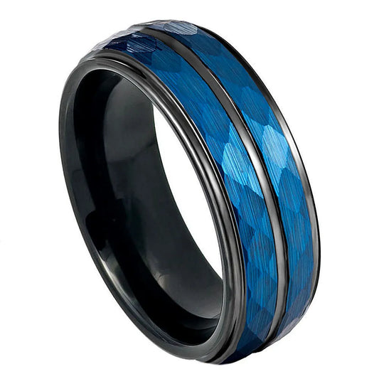 8mm Tungsten Ring – Two-Tone Blue and Black Faceted Finish with High-Polished Edges