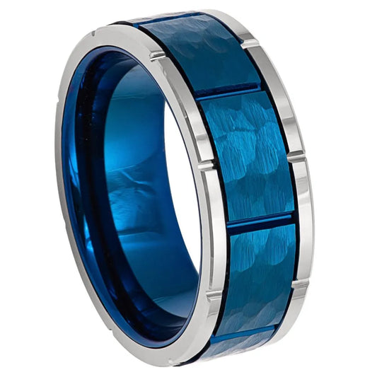 8mm Tungsten Ring – Two-Tone with Hammered Blue Finish & Multi-Groove Design