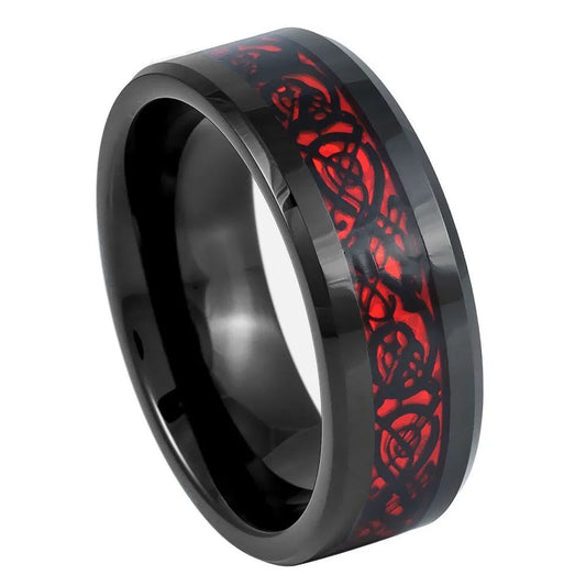 8mm Tungsten Ring – Black Finish with Red Celtic Dragon Inlay