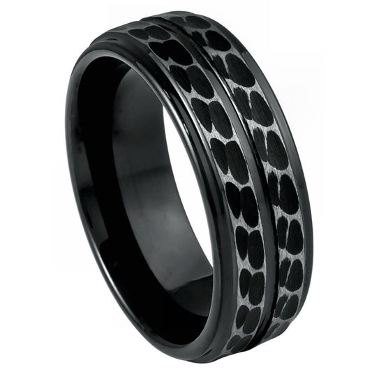 Men’s Black Tungsten Wedding Band – 8mm with Dual Leopard-Inspired Patterns