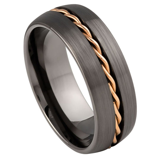 Men’s Tungsten Wedding Band – 8mm Brushed Gunmetal with Rose Gold Twisted Rope Inlay