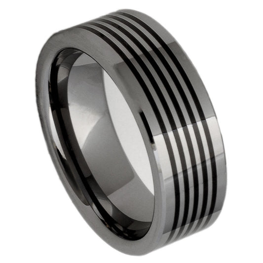 Men’s Tungsten Wedding Band – 8mm Pipe-Cut Flat Top with Five Thin Black Ceramic Inlays