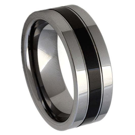 Men’s Tungsten Wedding Band – 8mm Flat Profile with Ceramic Centre Inlay