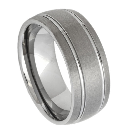 Men’s Tungsten Wedding Band – 9mm Brushed Finish with Dual Polished Stripes
