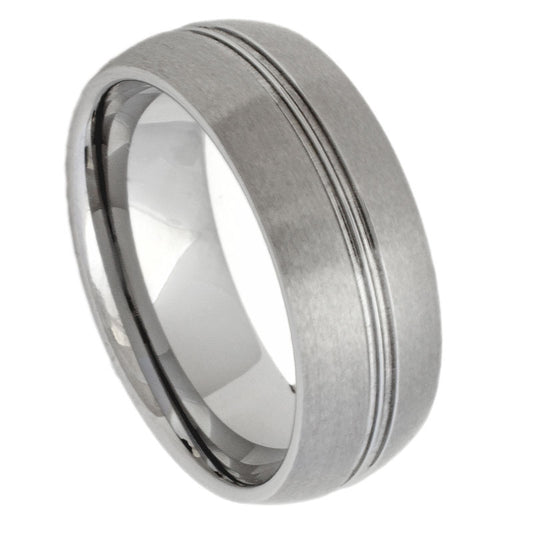Men’s Tungsten Wedding Band – 8mm Brushed Domed with Dual Polished Stripes