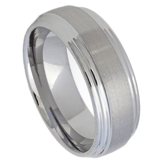 Men’s Tungsten Wedding Band – 8mm Brushed Centre with Double-Stepped Edges