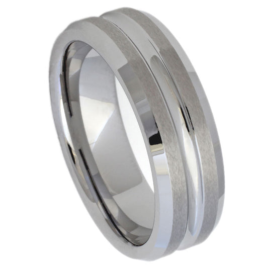 Men’s Tungsten Wedding Band – 7mm Brushed Chamfered with Polished Centre Stripe