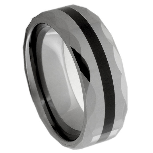 Men’s Tungsten Wedding Band – 8mm Faceted Edges with Black Ceramic Centre Stripe