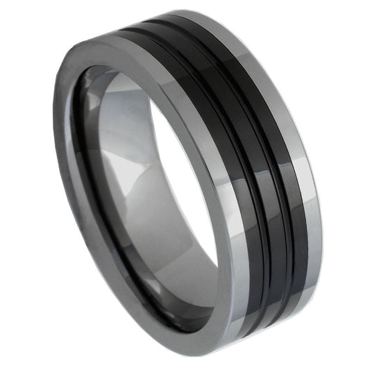 Men’s Tungsten Wedding Band – 8mm Pipe-Cut Flat Top with Wide Black Ceramic Strip and Dual Fine Grooves