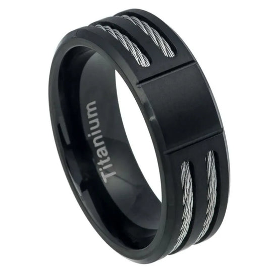8mm Titanium Ring – Black Brushed Finish with Bevelled Edge & Double Cable Inlay
