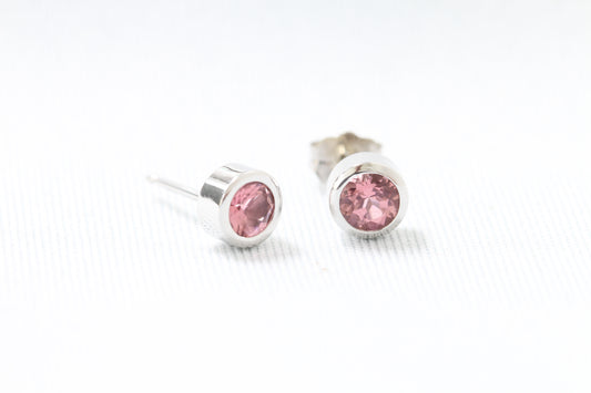 14k gold pink sapphire bezel earring studs