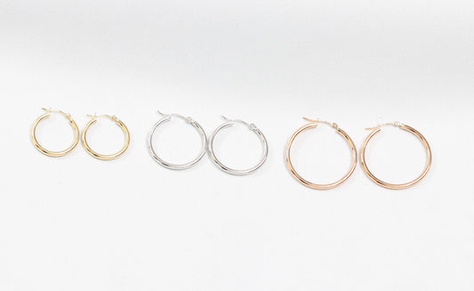 14k hoops earrings in yellow, white, & rose gold