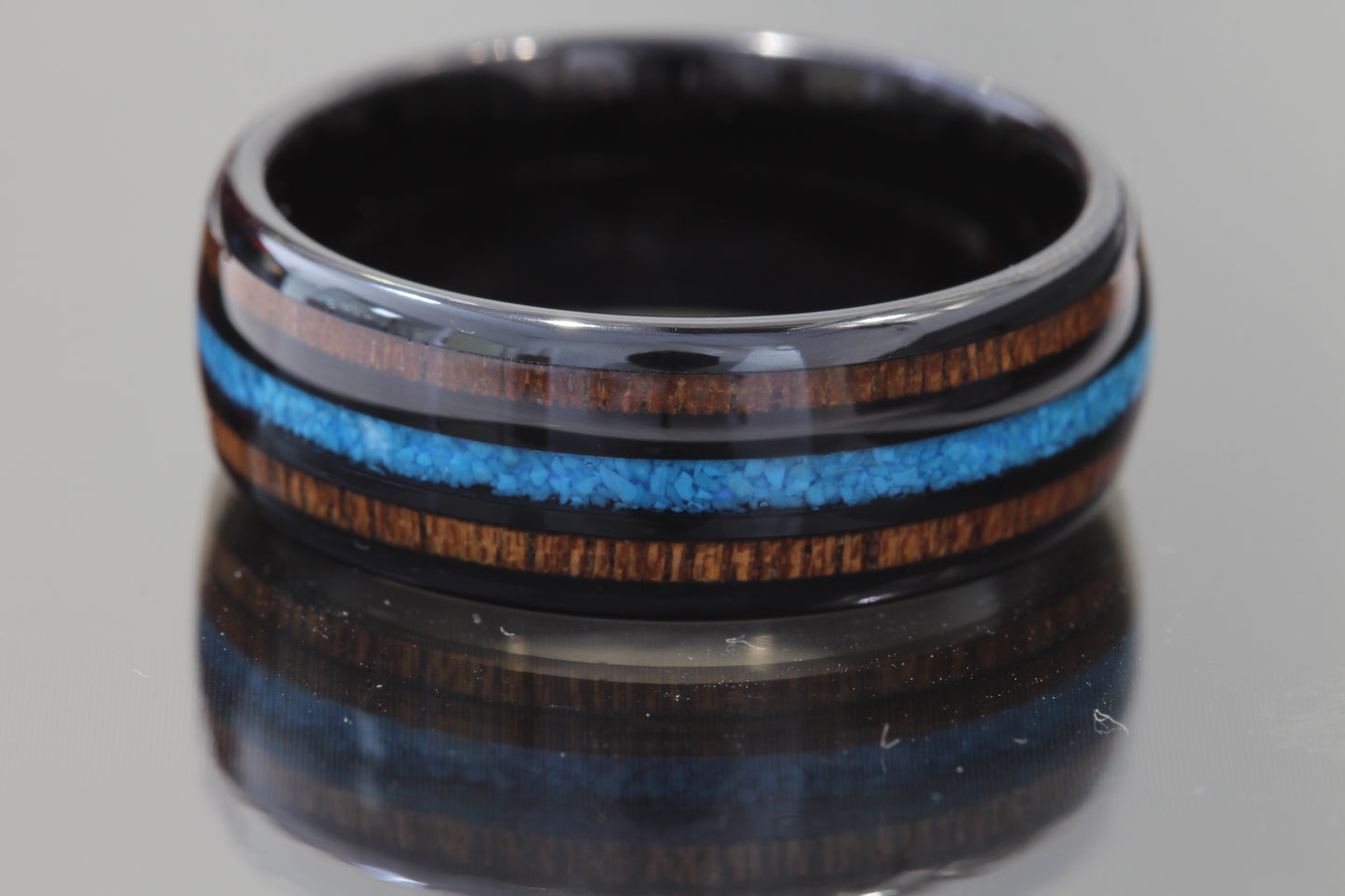 Tungsten ring with black Koa wood & crushed turquoise Inlay 8mm