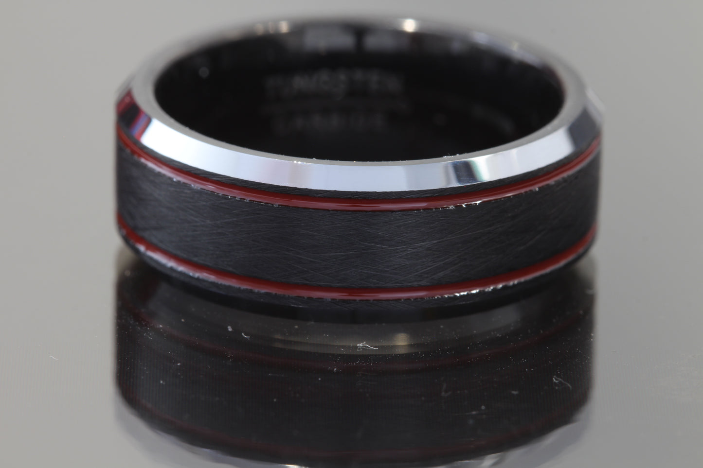 Tungsten ring with charcoal grey ice finish with 2 red stripes & beveled edges 8mm.