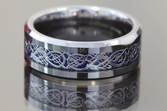Tungsten ring shiny beveled edge with blue celtic dragon design 8mm.
