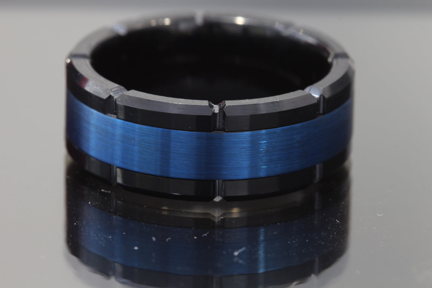 Tungsten ring brushed center shiny edges black & blue 8mm.