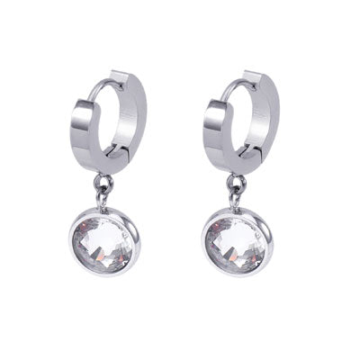 Stainless Steel Classic Huggie Earrings with Crystal Charm